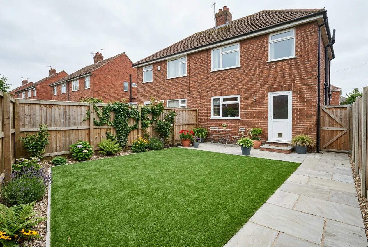 Artificial grass lawn with a neat edge beside paving in a British garden